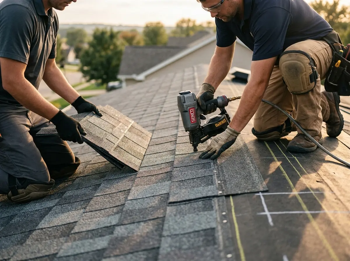 Professional roofer working on a residential roof in Doraville